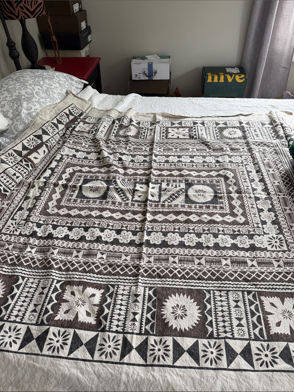 Fiji 100% Linen Tablecloth Brown Beige Tribal Geometric 66x52